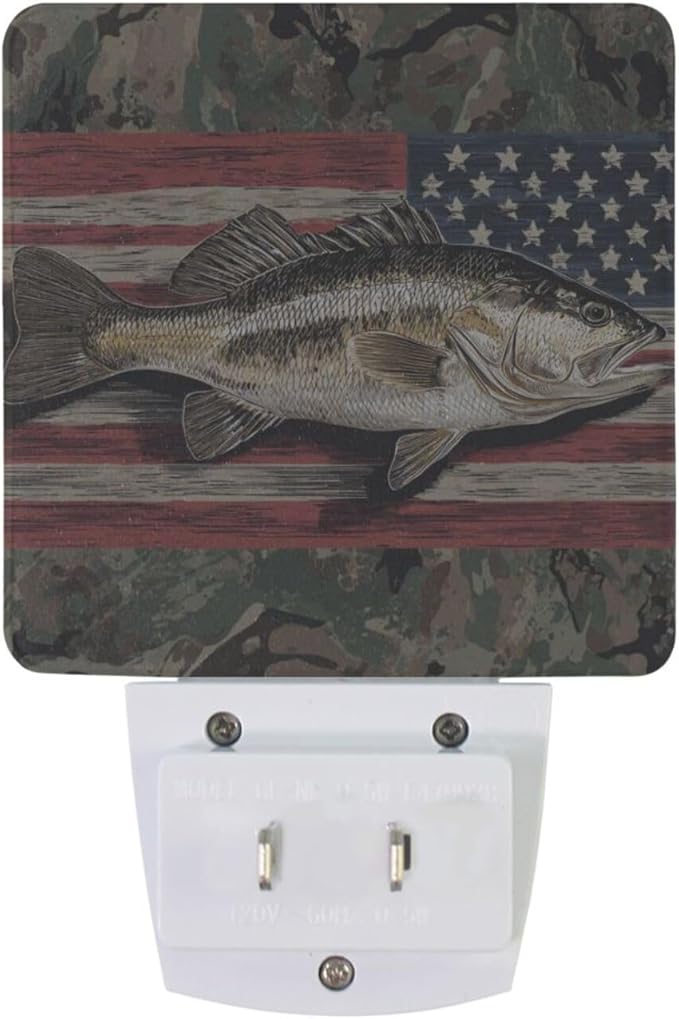 Camo Fish Night Light 2 Pack Dusk to Dawn Sensor Led Lamp for Women Retro American Flag Men Night Lights Plug into Wall Decor for Bedroom Kitchen Bathroom Corridor, 0.5W
