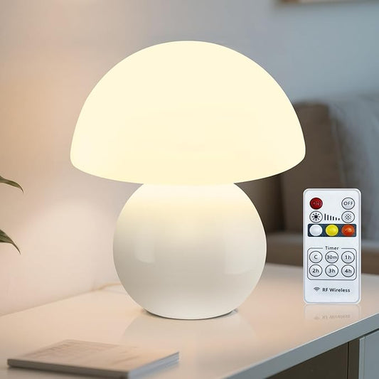 Remote Control Mushroom Lamp with Timer – 3-Color Dimmable Bedside Light, Ceramic Base & Glass Shade, Modern Decorative Night Lamp for Bedroom, Living Room, and Home Office (Pearl White)