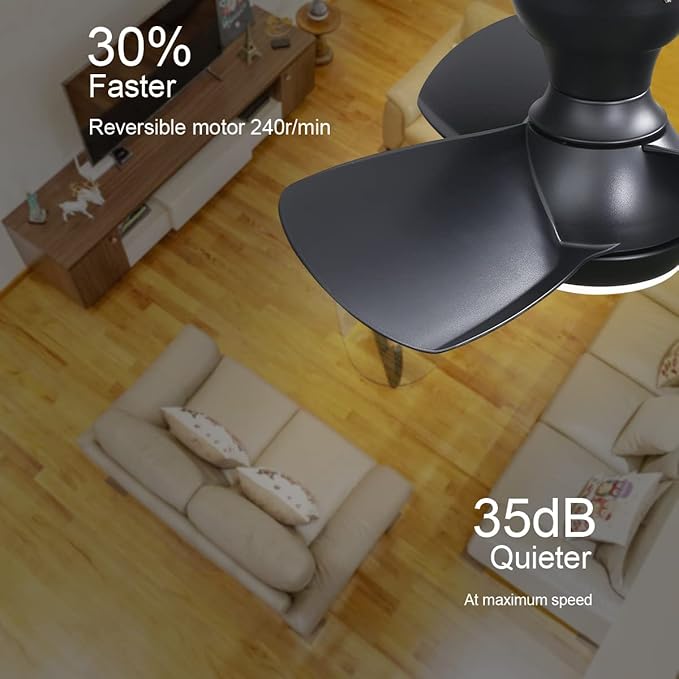 23" Black Small Ceiling Fan with Light, DC Motor,LED, Mini Flush Mount Ceiling Fan with Lights Low Profile Ceiling Fans for Patios Waterproof Kitchen Dining Room Bedroom
