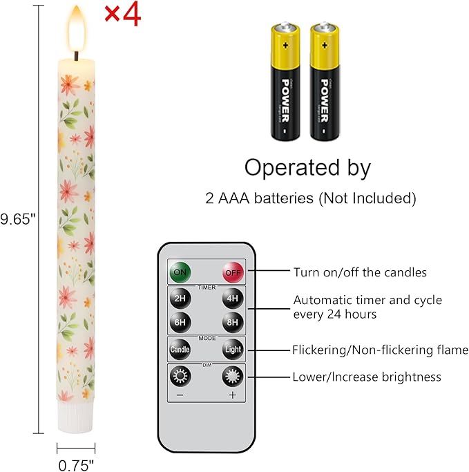 Floral Flameless Taper Candles with Remote Timer, LED Taper Candles Battery Operated Warm 3D Wick Flickering, Real Wax CandleSticks, Wedding Birthday Christmas Decor