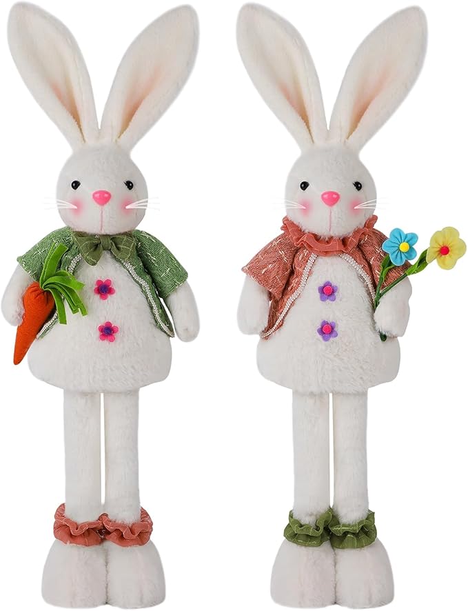 Glintoper 2 Pack Easter Standing Bunny with Stretchable Legs, 18" to 25" Plush Rabbits Couple Figurine, Cute Party Favor Photo Props Gifts for Office Kitchen Farmhouse Front Door Spring Home Decor