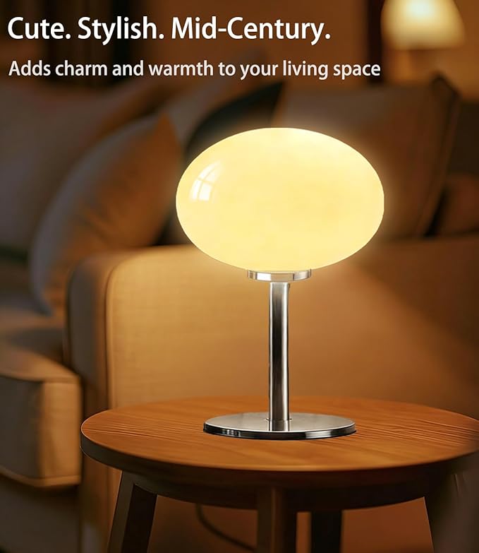 Glass Mushroom Lamp, Mid Century Dimmable Lamp 3 Color Temperatures Table Lamp for Bedroom Living Room Bedside Lamp, Cute Lamp Modern Small Lamp (8W, Beige)