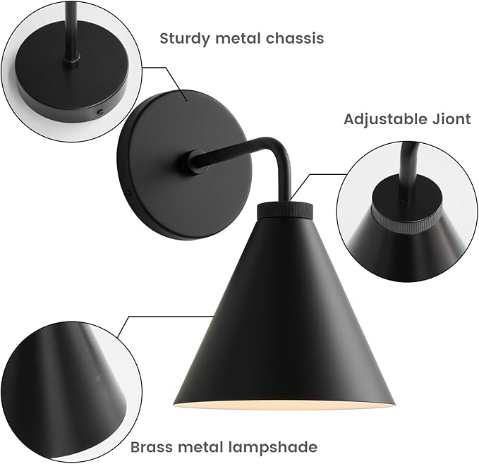 Retro Industrial Metal Cone Sconce Light - Vintage-Inspired Modern Black Wall Sconce with Metal Shade, Wall Mount Lighting for Bedroom, Hallway, Living Room (Black, 11 inch)