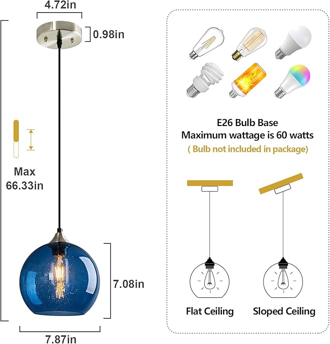 Blue Glass Pendant Lights Kitchen Island Lighting Globe Pendant Light Fixtures Modern Pendant Lighting for Kitchen Island Bedroom Living Dining Room Light Fixture(7.87in, 3-Pack)