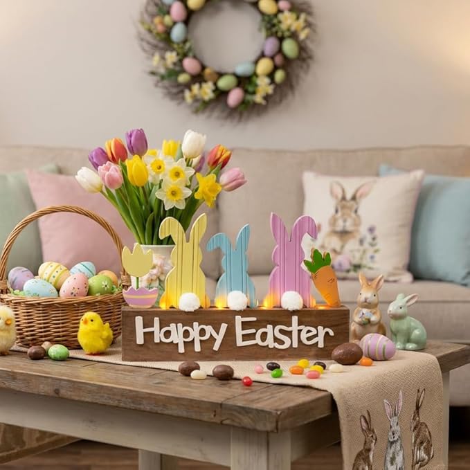 Valery Madelyn Easter Decorations, Wooden Easter Decor for Table with LED Lights, Lighted Bunny Decorations for the Home Decor Shelf Tiered Tray Living Room, 12 Inch, Pink Blue