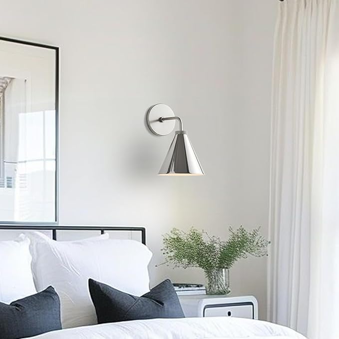 Retro Industrial Metal Cone Sconce Light - Vintage-Inspired Modern Silvery Wall Sconce with Metal Shade, Wall Mount Lighting for Bedroom, Hallway, Living Room (Silvery, 11 inch)