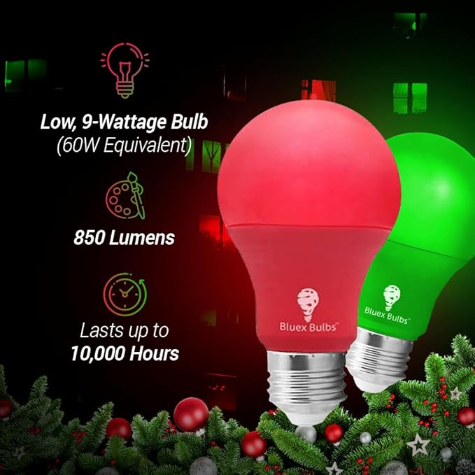 Bluex Bulbs 2 Pack BlueX LED A19 Green Light Bulb - 9W (60Watt Equivalent) - E26 Base LED Lights, Party Decoration, Porch, Home Lighting, Holiday Lighting, Decorative Illumination Bulb