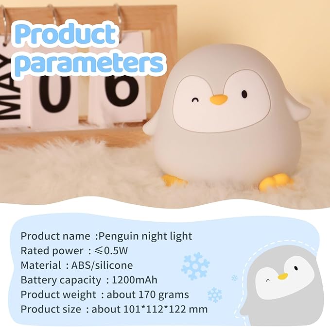 Penguin Silicone Night Light, 50H/12H Long Battery Life Touch Lamp with 30-Min Auto-Off Timer, Soft Dimmable Glow for Baby Kids Toddler Bedroom, Cute Easter Gift for Children