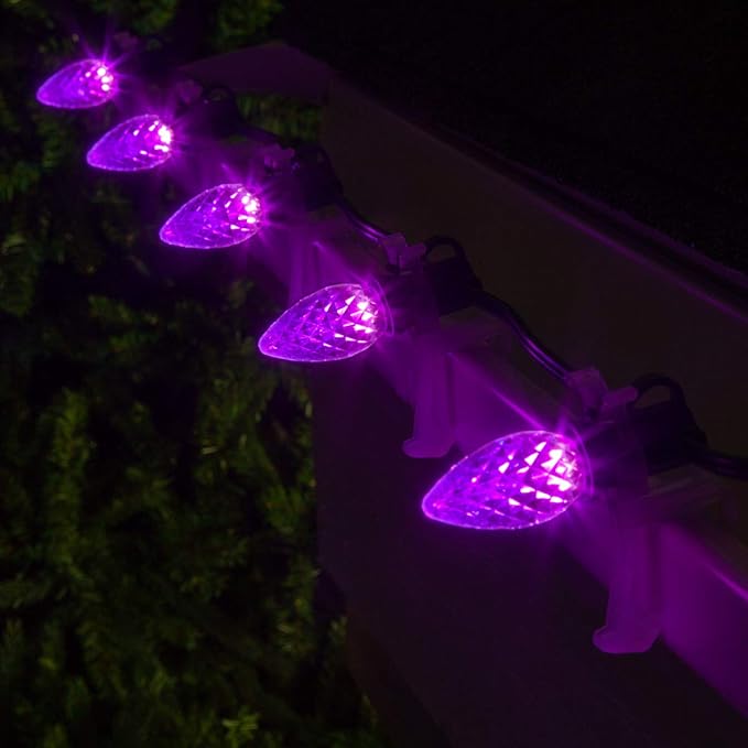 Set of 50 C7 OptiCore Commercial Purple Christmas Lights – Heavy Duty LED Outdoor Bulbs for Halloween, Party, Bedroom, Green Wire (50 ft)