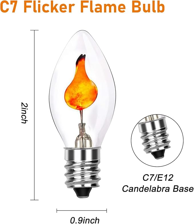Halloween Flicker Flame Light Bulbs, C7 Clear Replacement Bulbs Dances with Orange Flame, Great for Halloween Party Outdoor Indoor String Light, E12 Candlestick Base, 25 Pack