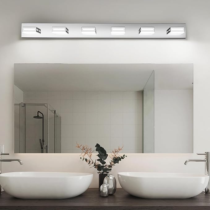 48-Inch 6-Light LED Modern Chrome Bathroom Vanity Light Fixtures Over Mirror, Bathroom Lighting Fixtures with Cool White 6000K, Rotatable Vanity Wall Lights for Bath Restroom Powder Room