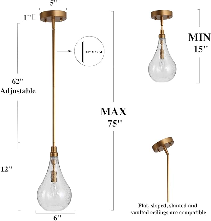 KSANA Gold Glass Pendant Lighting for Kitchen Island, Bedroom, Dining Room, Entryway, Sink, Breakfast Nook