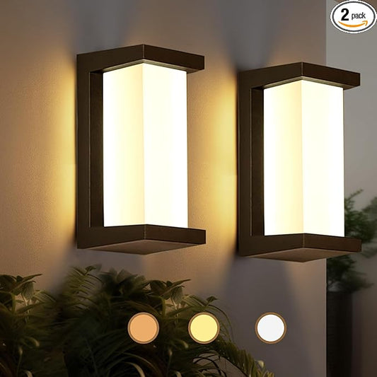 Black Outdoor Light Fixtures Wall Mount, IP65 Waterproof Porch Lights Outdoor Wall Sconce, 2 Pack Rectangular Modern Exterior Lighting Fixtures for House Front Door,3-Color Temperature
