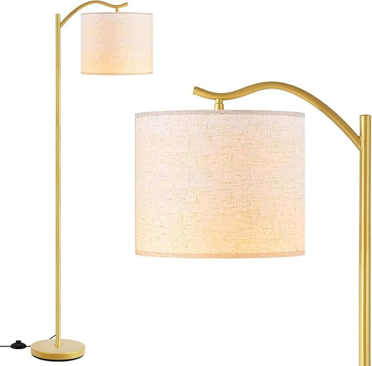 BoostArea Floor Lamp for Living Room,LED Arched Standing Lamp,Tall Modern Standing Lamp with Linen Shade,E26 Socket,Footswitch,Mid Century Gold Floor Lamps for Bedrooms,Office,Double-Layer lampshade
