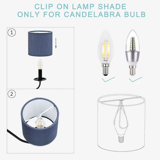 LAMPWELL KETTE Clip-on Pleated Fabric Lamp Shades for for Table Chandelier Wall Lamp,Set of 2,Small Drum,5.4"×5.4"×H5.2",TC fabric,Handmade,Modern Trendy Decorative,ONLY FOR CANDLE BULB,Navy