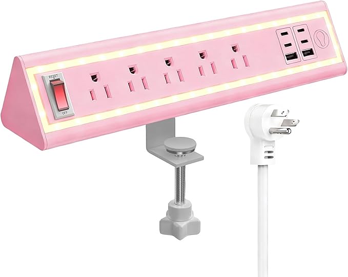 Desk Clamp Power Strip with Nightlight, 40W Fast Charging, 6FT Extension Cord, 4x20W USB-C & 2 USB Ports, 5 AC Outlets, Fits 1.69-Inch Table Edges