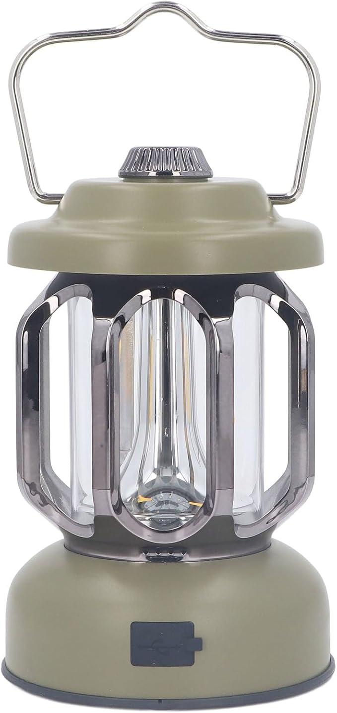 Retro Camping Lantern, Rechargeable LED Tent Lamp with 3 Light Modes, Dimmable Vintage Camping Light with Hook, USB Type C Portable Lantern for Garden Outdoor (Green)