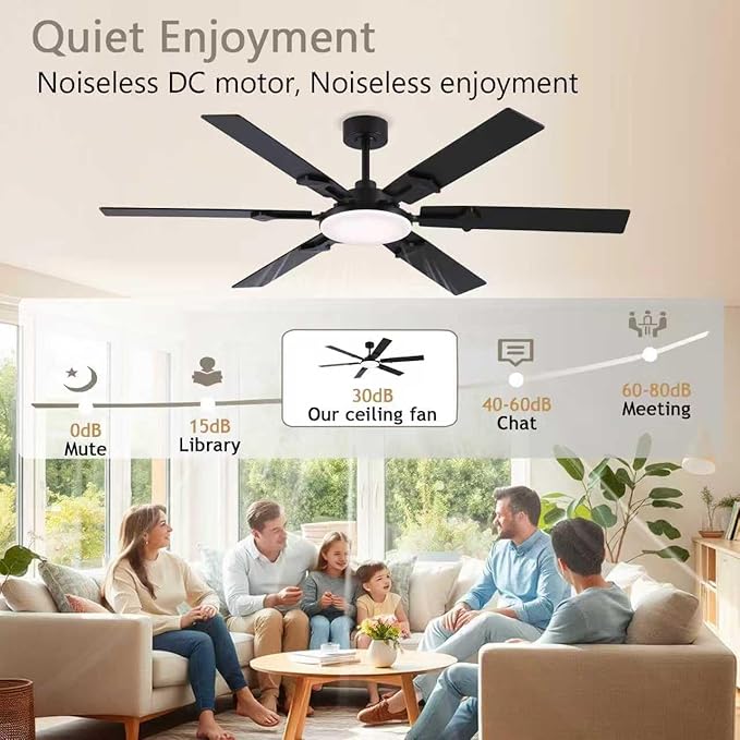 66 Inch Large Ceiling Fans with Lights and Remote, Black Modern Indoor/Outdoor Ceiling Fan for Living Room Kitchen Patio, 6 Speed Reversible DC Motor, 3 CCT Lighting, Dual Finish 6 Blades