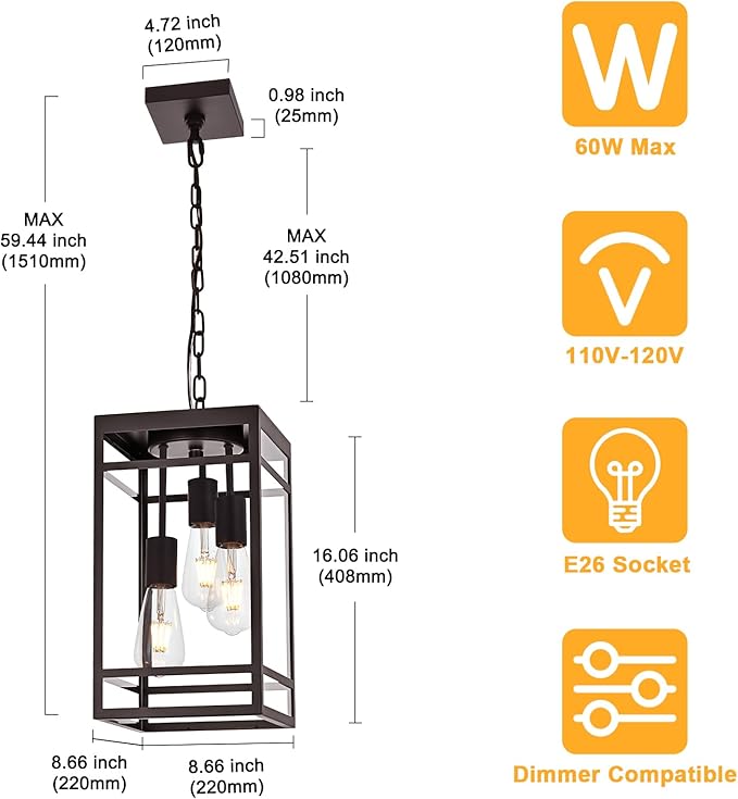 3-Light Outdoor Pendant Lights for Porch, Oil Rubbed Bronze Outdoor Chandelier 16'' Exterior Hanging Porch Light Fixtures w/Clear Glass, Waterproof Outside Pendant Lantern for Garage Foyer