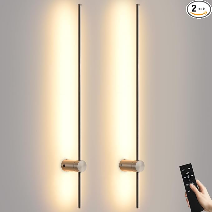 Battery Operated Wall Sconces with Remote, Dimmable 3000K-6000K/Timer/Memory LED Wall Lamp, 350°Rotate, USB Rechargeable Wireless wall lights for Living Room, Bedroom Brushed Nickel 39.3" (2 Pack)