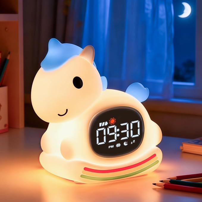 Alarm Clock with Night Light for Kids with Sleep Training and Sound Machine, Rechargeable Silicone Lamp OK to Wake Clock，Cute Animal Tabletop Lamp, Perfect Sleep Companion for Boys Girls，Blue Pony