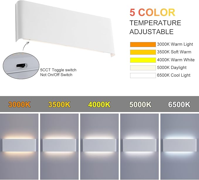 5 CCT (3000K-6500K) Adjustable Dimmable Wall Lamp 20W Modern White LED vanity light Up and Down Wall Lighting 15 Inch Indoor Wall Sconce for Bedroom Staircase Hallway Dressing Table 2 Pack