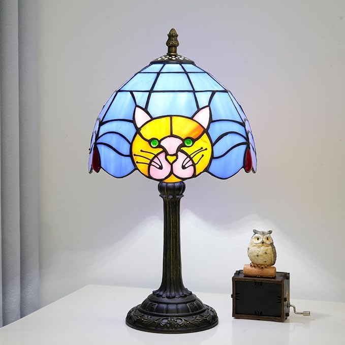 Stained Glass Table Lamp 8 Inch Orange Warm Ambient Lighting Bedroom Small Nightstand Dorm Cafe Office Corner Vintage Home Decoration Table Lamp Blue Cute Cat Lamp