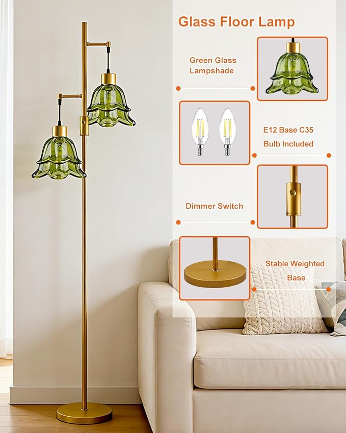 2-Light Gold Dimmable Floor Lamp for Living Room, 65IN Tall Standing Lamps with Green Glass Lampshade, 3000K Warmwhite Mid Century Modern Floor Lamp for Bedroom/Sofa Beside/Corner Decor
