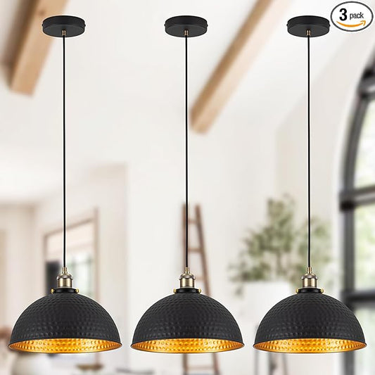 12" Industrial Black Gold Pendant Lights Vintage Dome Pendant Light Fixtures with Golden Finish Rustic Farmhouse Black Pendant Lights for Kitchen Island, Dining Room, Bedroom