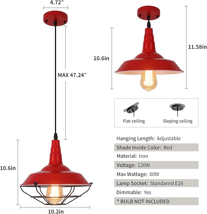Farmhouse Red Pendant Light, 3 Packs 10.5 inch, Modern Pendant Lighting, Kitchen Pendant Lights, Industrial Pendant Light, Pendant Lights Kitchen Island for Bedroom, Living Room, Bar