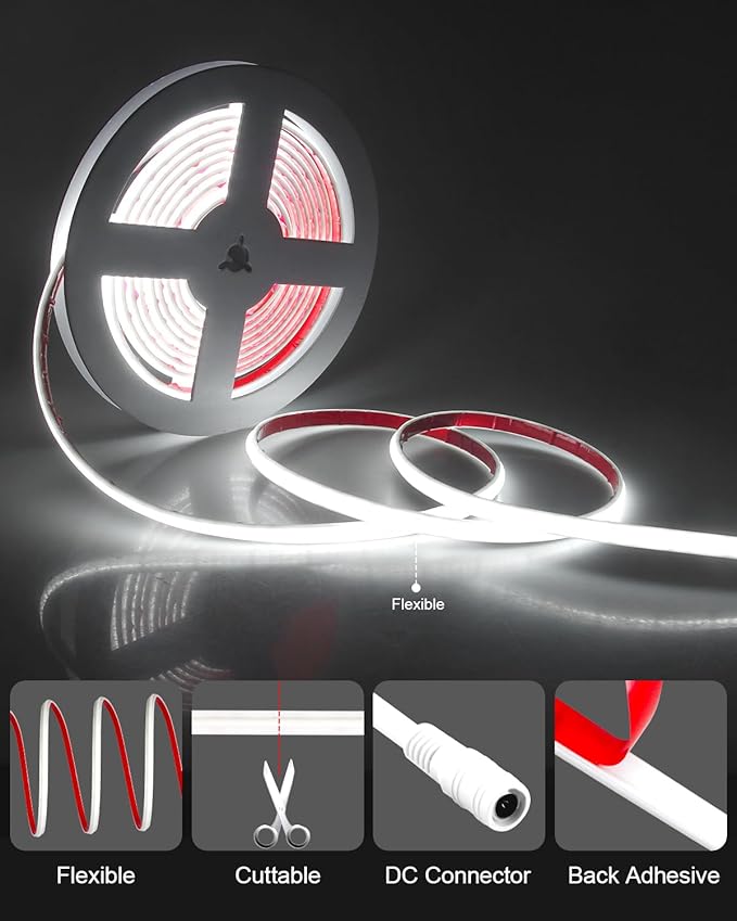 ALITOVE 24V LED Strip Lights Waterproof IP68 Daylight White 6500k COB LED Strip 16.4ft CRI>90 Super Bright Dotless LED Tape Lights for Bedroom Cabinet Pool DIY Lighting(Without Power Supply)