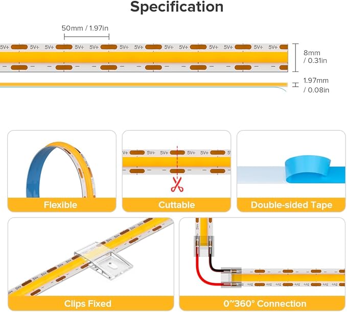 6.56FT/2M 5V USB LED Light Strip Orange Flexible High Density COB Strips 640LEDs, 8mm LED Tape for Under Cabinet Bedroom No Controller and Power