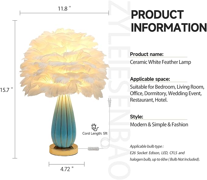 Chic White Feather Lamp Creative Feather Bedside Lamp Princess Nightstand Table Lamp Deco Romantic Atmosphere Desk Light for Cute Girl Bedroom Wedding Gift Living Room Hotel Ceramic Body