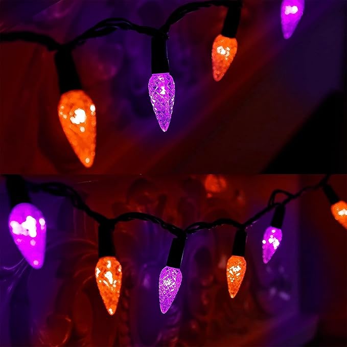 WATERGLIDE Halloween C6 String Lights, 33ft 100 LED Black Wire Fairy Lights with 29V Safe Adaptor, 8 Lighting Mode, Waterproof for Indoor Outdoor Patio Xmas Tree Party Decor, Orange & Purple