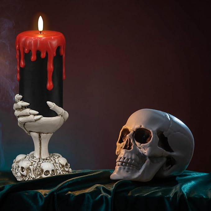 DRomance Black Flameless Flickering Candles with Timer, Blood Dripping Wax Effect Battery Operated LED Pillar Candle with Skeleton Hand Candle Holder Halloween Table Centerpiece Decor(4" x 11")