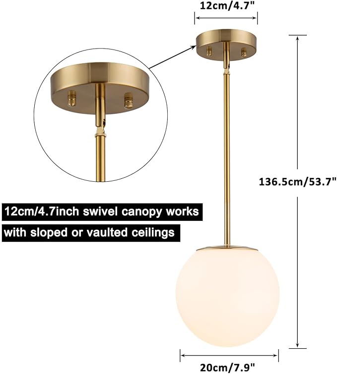 Modern Globe Pendant Light Mid Century Opal Glass Hanging Light Fixture Gold Finish, 2-Light Glass Pendant Lighting for Kitchen Island Dining Room Bedroom Hallway and Bathroom
