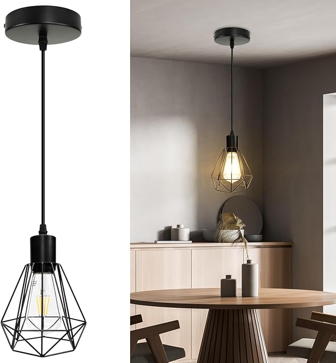 Black Pendant Lights Kitchen Island, Metal Pendant Lighting E26 Socket Hanging Modern Light Fixtures with 1.2m Cord for Entryway, Dining Room, Hallway-1 Pack