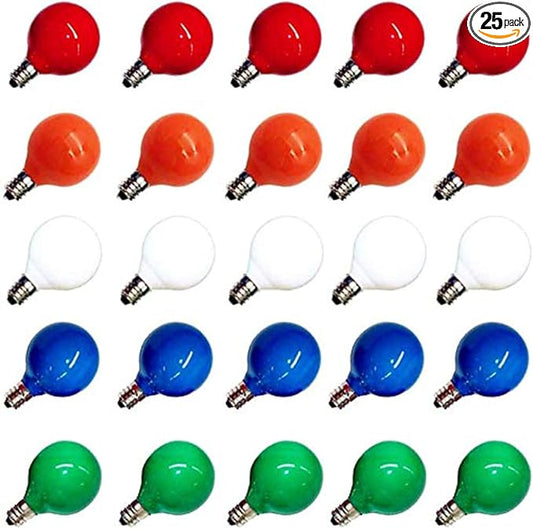 Abeja 25 Pack G40 Multicolor Ceramic Enamel Bulbs, G40 Globe Christmas Replacement Bulbs for Outdoor Patio String Lights, Shatterproof Round Christmas Light Bulbs, E12/C7 Candelabra Base, 5 Watt
