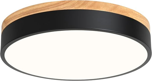 Dimmable Wood LED Flush Mount Ceiling Light, 5CCT 2700K-6000K Modern Black Close to Ceiling Lighting Fixtures, Minimalist Round Ceiling Lamp for Bedroom, Kitchen, Hallway, Laundry Room