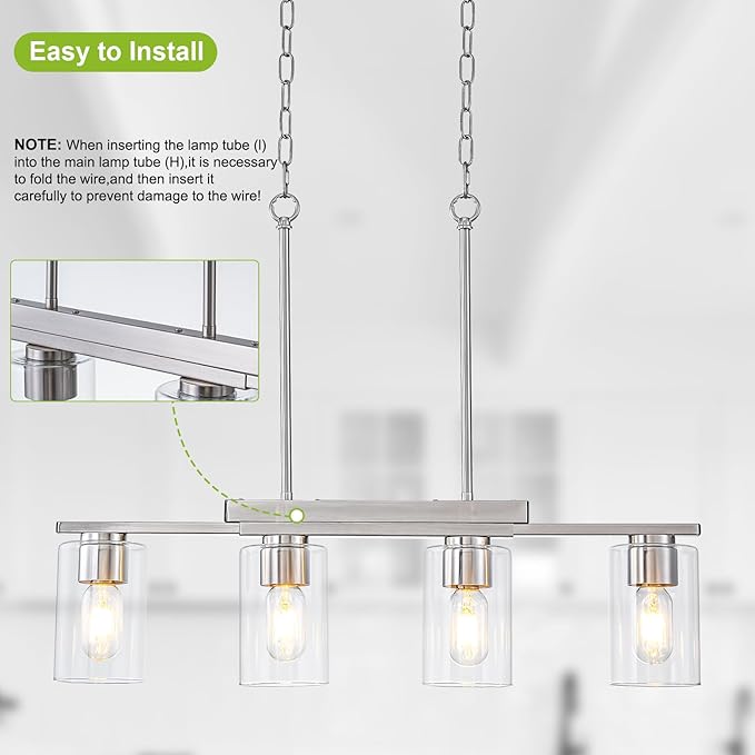 WILON Kitchen Island Lighting, 4 Lights Nickel Sand Linear Chandeliers Modern Farmhouse Chandelier with Glass Shades for Kitchen Island Living Dining Room Foyer Bedroom(Brushed Nickel,4 Lights)