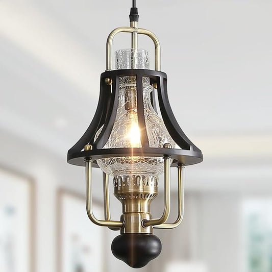 Farmhouse Chandelier Modern Hanging Light, Vintage Rustic Pendant Lights Fixture, Crackle Glass Shade, Wood & Metal Cage Base for Living Room Dining Room Foyer Kitchen Island Bedroom