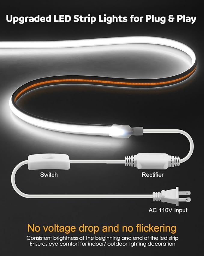 Aclorol AC 110V 120V COB LED Strip Lights Outdoor Waterproof 100FT IP68 LED Rope Lights with Switch Control Uniform High Density Flexible Tape Lights for Outside 6000K 8640 LEDs