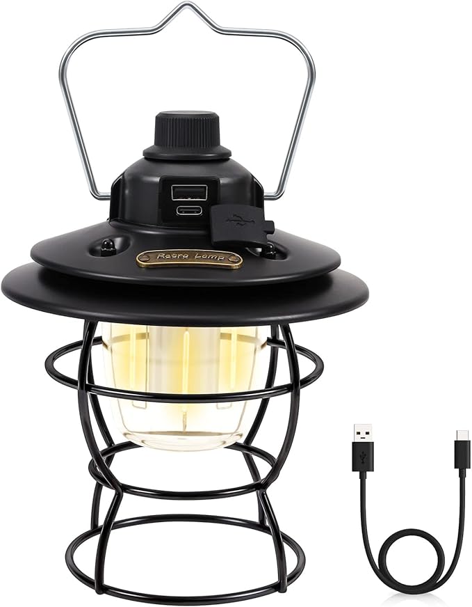 LED Camping Lantern Rechargeable,Vintage Lanterns for Power Outages,Retro Style,3 Light Modes with Dual Lamp Beads,Stepless Dimming,Portable Hanging Tent Light for Hurricane,Emergency,Indoor(Black)