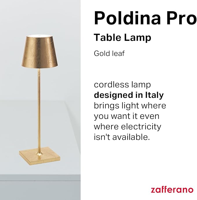 Zafferano, Poldina Pro Lamp with Gold Leaf, Rechargeable Cordless Table Lamp with Touch Controls, Usable as an Indoor Lamp, Dimmer, 2200-3000 K, Height 14.9 Inches