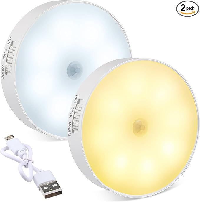 2 Pcs Magnetic Cruise Ship Motion Sensor Light with USB Cable LED Rechargeable Night Light Battery Nightlight Safe Cordless Nightlight for Cruise Ship Cabin Hallway Bathroom (White & Warm)