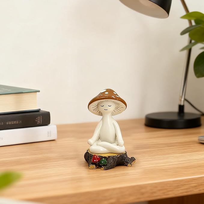 Meditation Mushroom Decor Resin Statue and Stump - Adorable Resin Ornament for Desk, Office, or Garden Display, Mushroom Garden Decoration