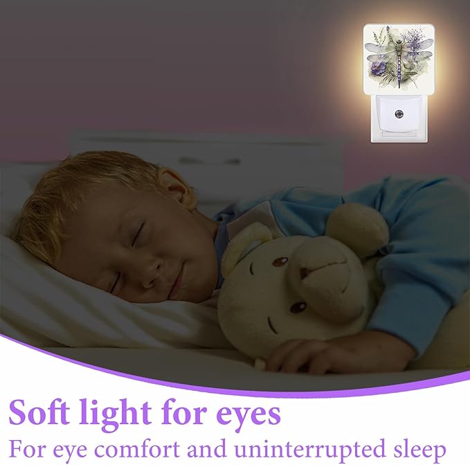 Watercolor Dragonfly Night Light, Plug-in Night Lights with Dusk-to-Dawn Sensor for Bedroom,Bathroom and Living Room Sleep Friendly lamp 0.5w