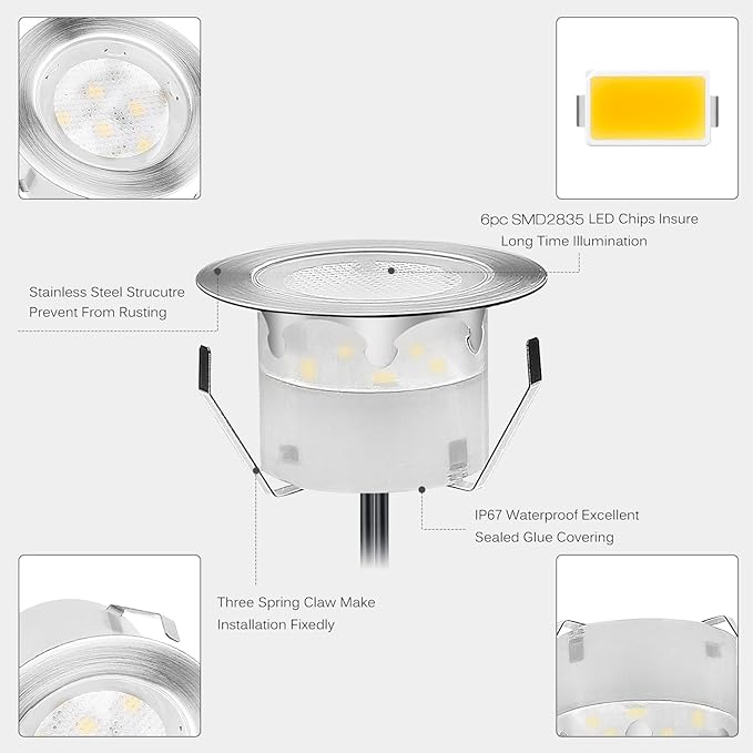 Led Deck Lights Outdoor Waterproof Low Voltage Stainless Steel 1W Outdoor Yard Garden Decoration Lamps Landscape Pathway Patio Step Stairs LED In-ground Lights Silver Border(20pcs, Warm White)