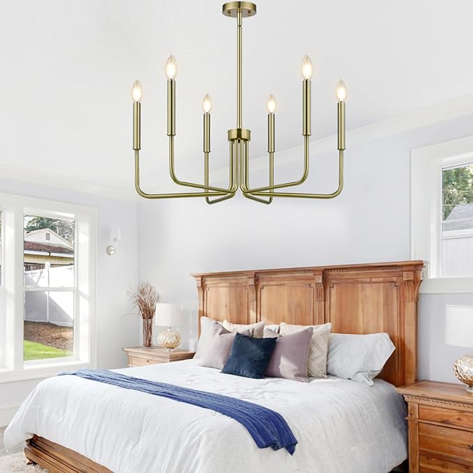 Lynnoland Brass Chandelier, 6-Light Farmhouse Chandeliers for Dining Room Lighting Fixtures Hanging, Vintage Candle Pendant Light Light Fixture for Bedroom, Kitchen, Foyer and Living Room