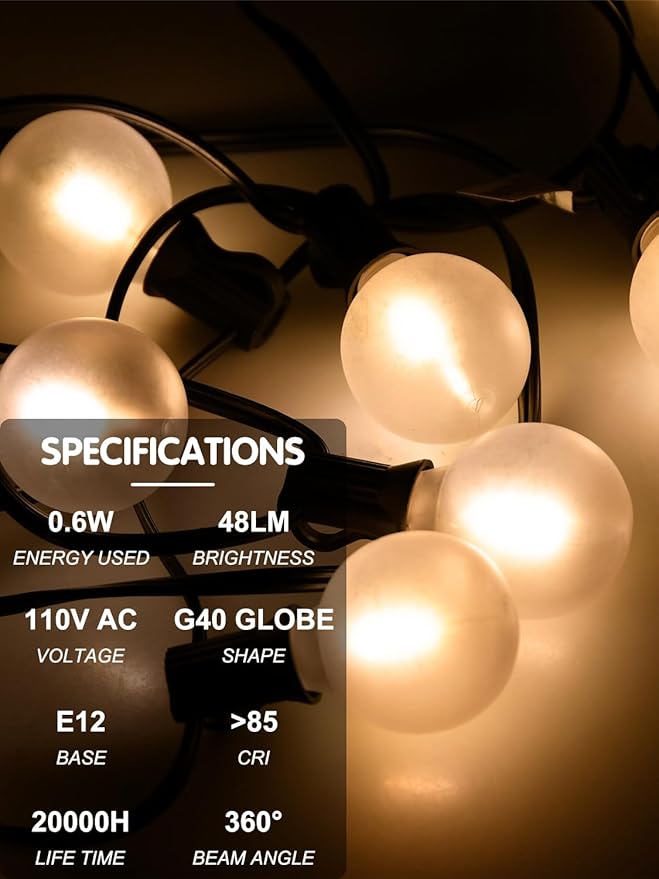 SUNSGNE 25 Pack G40 Led Replacement Light Bulbs, E12 Screw Base Shatterproof LED Globe Frosted Bulbs Light for Indoor Outdoor String Lights, 0.6watt Equvalent to 5watt Incandescent Bulbs, Warm White